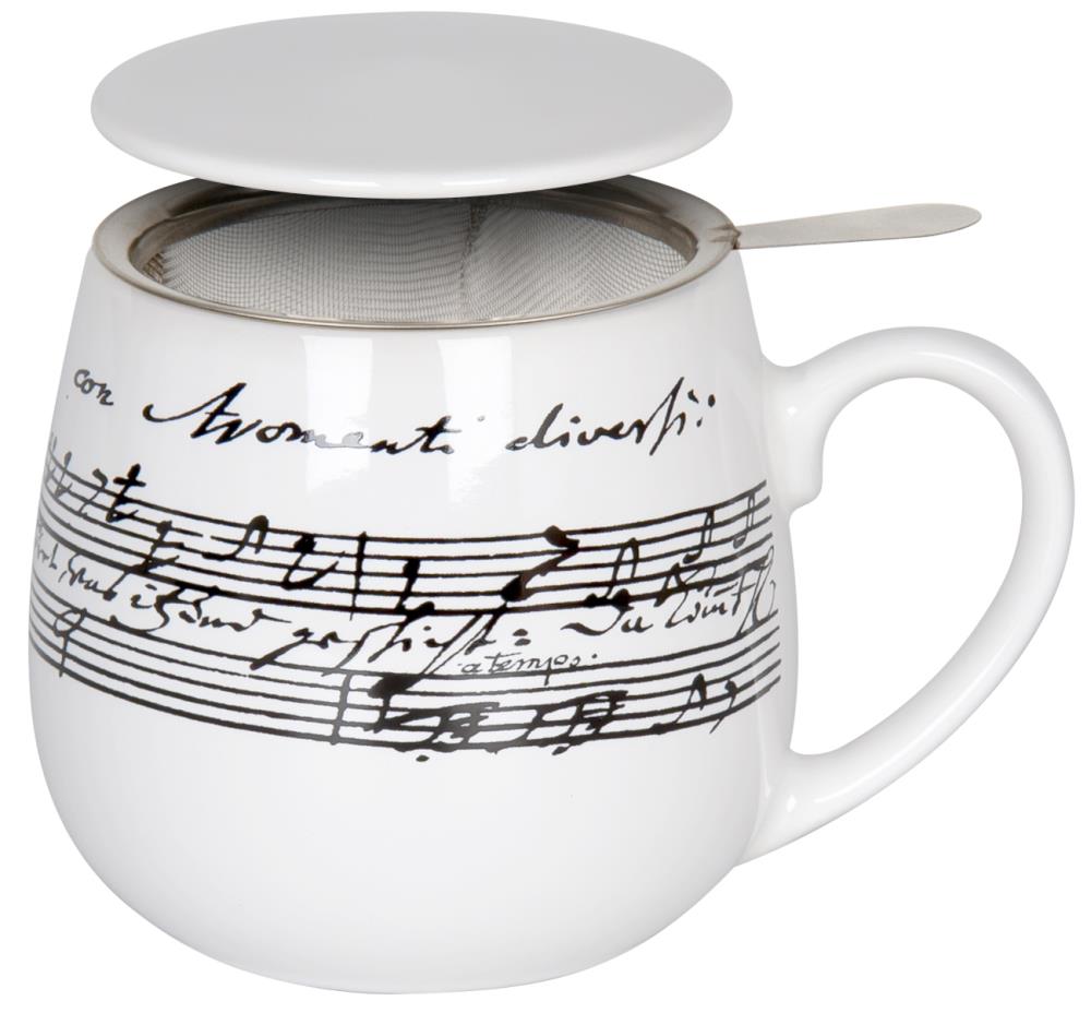 Tasse, "Café-Cantata", mit Teesieb und Deckel