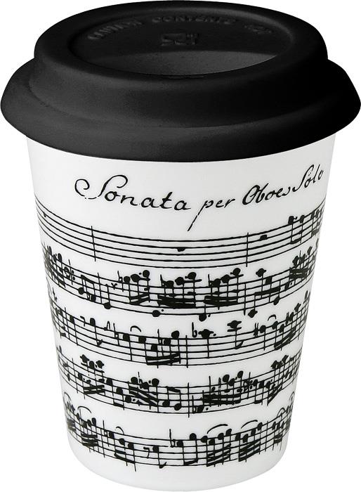 Coffee to go Porzellan, Noten schwarz auf weiß mit Deckel aus Gummi, L ca. 330 ml
