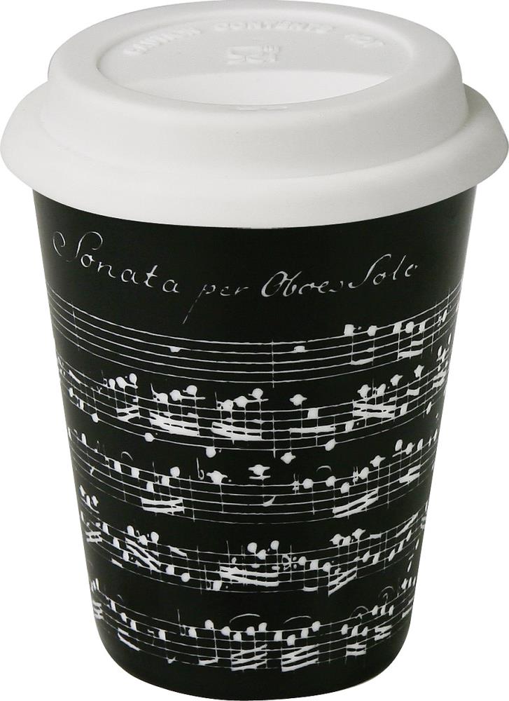 Coffee to go Porzellan, Noten schwarz auf weiß mit Deckel aus Gummi, L ca. 330 ml